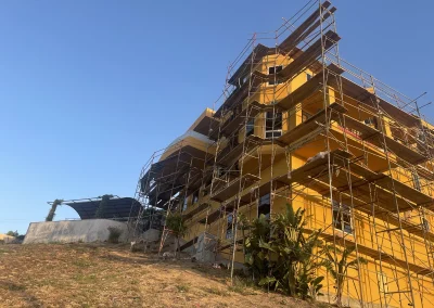 scaffolding in place for fire damage repair
